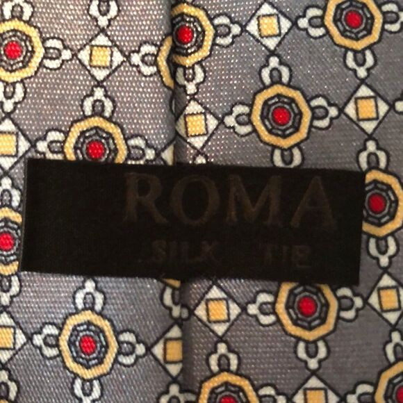 Roma Italian Silk Medallion Tie in Silver Gray Red Gold White - Picture 6 of 8